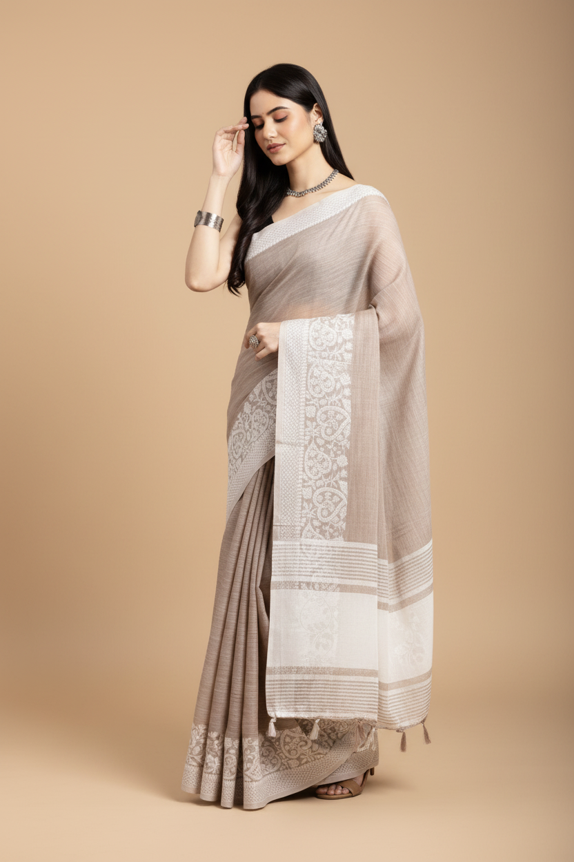 Snuggle Spot Women's Linen Printed Saree With Unstitched Blouse 5.5Mtr (Beige)