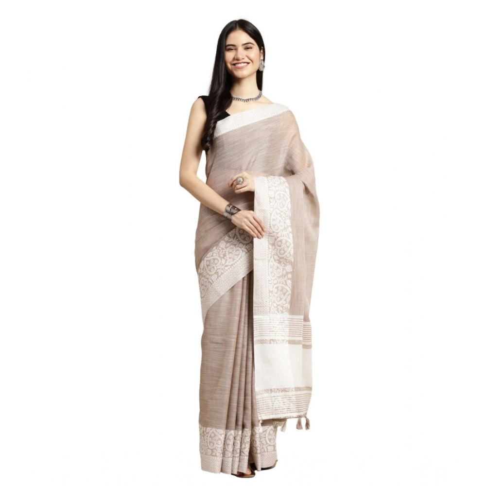 Snuggle Spot Women's Linen Printed Saree With Unstitched Blouse 5.5Mtr (Beige)