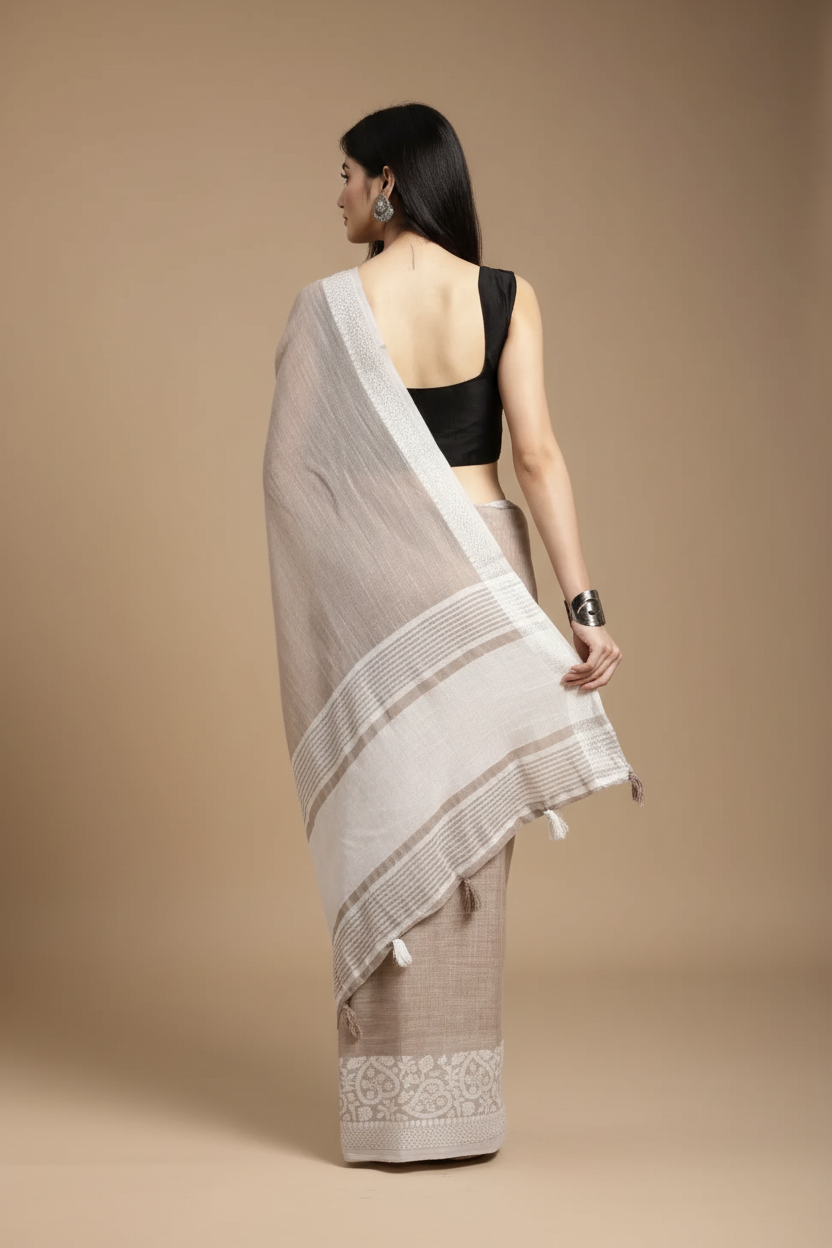 Snuggle Spot Women's Linen Printed Saree With Unstitched Blouse 5.5Mtr (Beige)