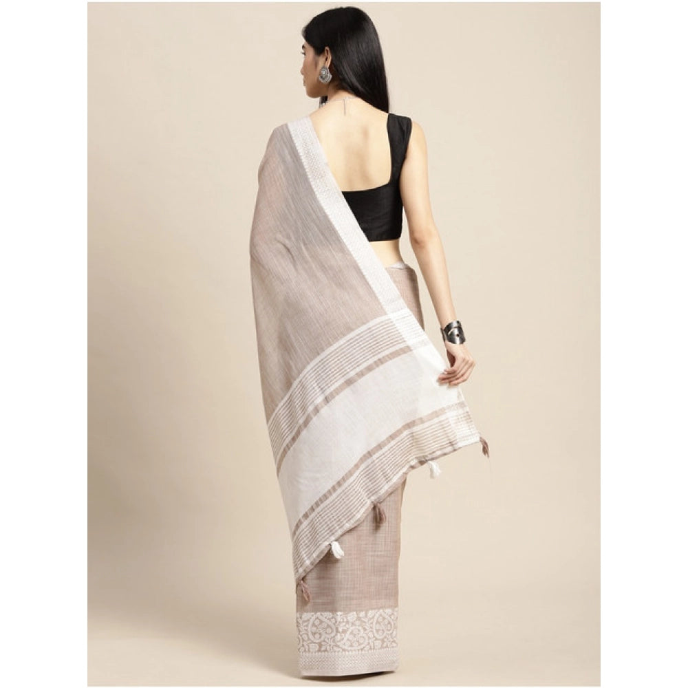 Snuggle Spot Women's Linen Printed Saree With Unstitched Blouse 5.5Mtr (Beige)