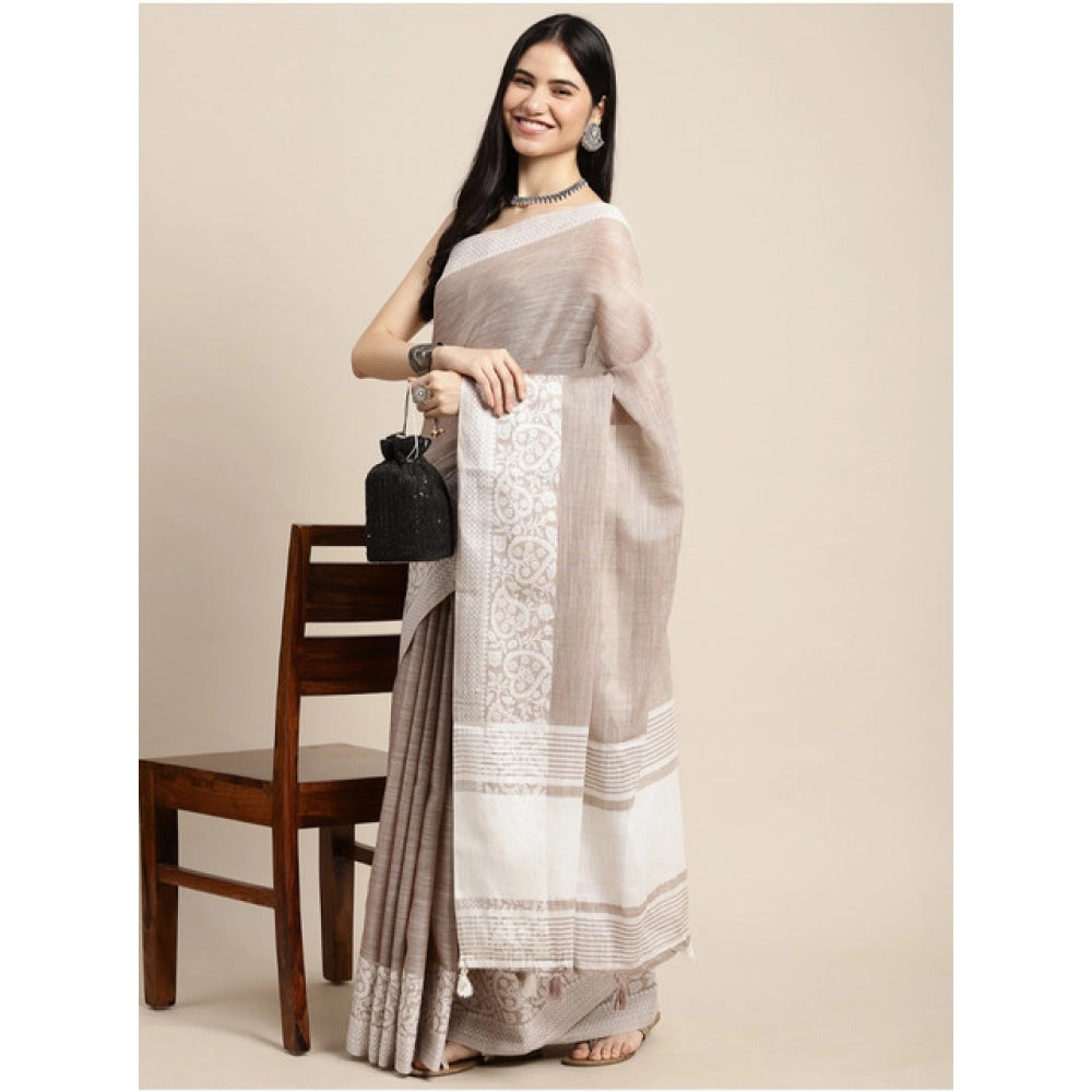 Snuggle Spot Women's Linen Printed Saree With Unstitched Blouse 5.5Mtr (Beige)