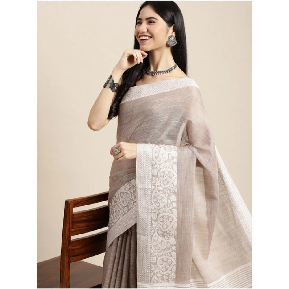 Snuggle Spot Women's Linen Printed Saree With Unstitched Blouse 5.5Mtr (Beige)