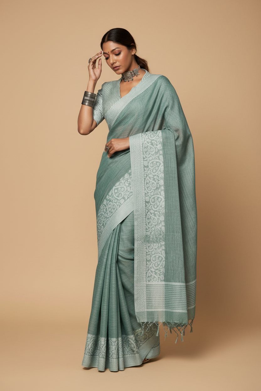 Snuggle Spot Women's Linen Printed Saree With Unstitched Blouse 5.5Mtr (Sea Green)