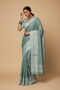 Snuggle Spot Women's Linen Printed Saree With Unstitched Blouse 5.5Mtr (Sea Green)