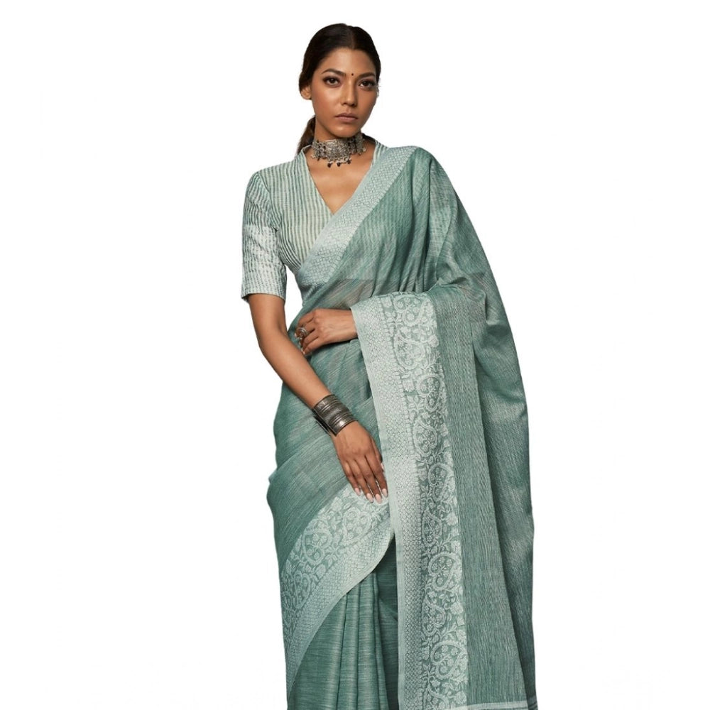 Snuggle Spot Women's Linen Printed Saree With Unstitched Blouse 5.5Mtr (Sea Green)