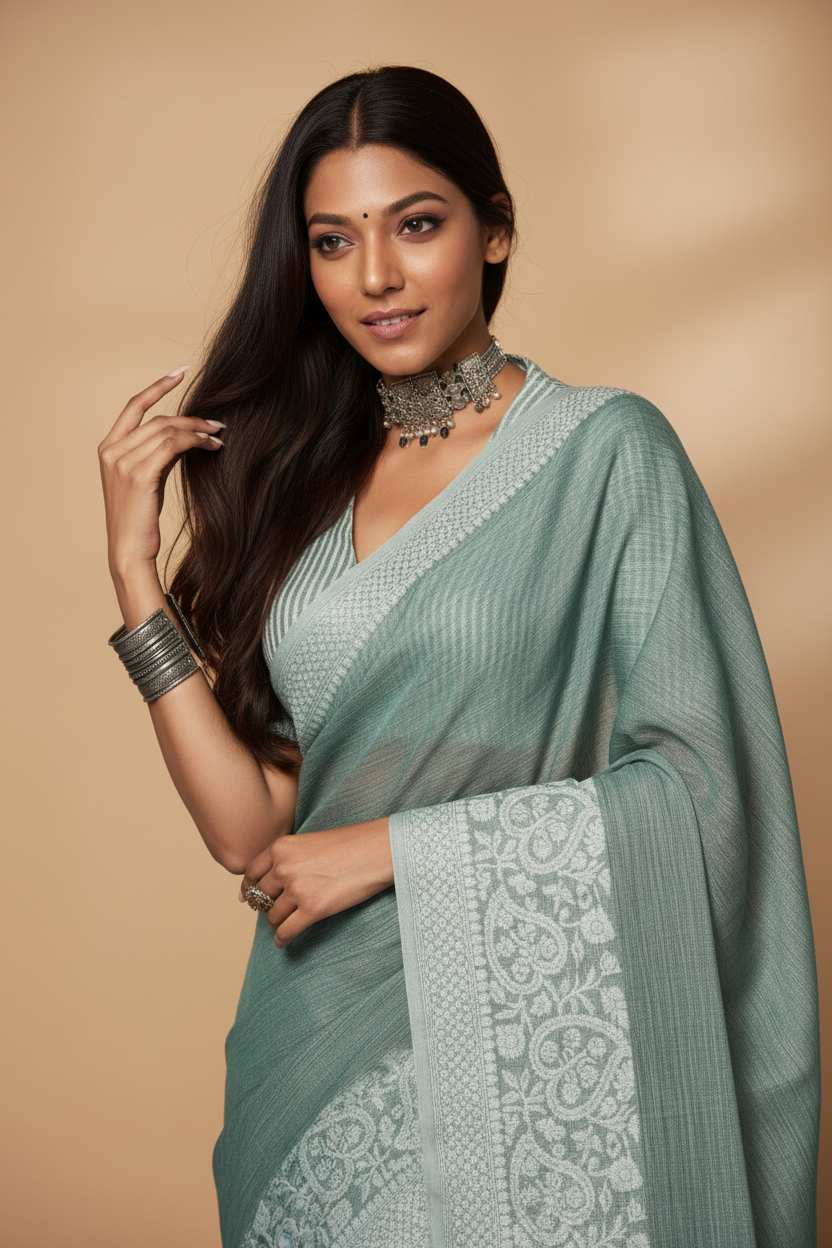 Snuggle Spot Women's Linen Printed Saree With Unstitched Blouse 5.5Mtr (Sea Green)