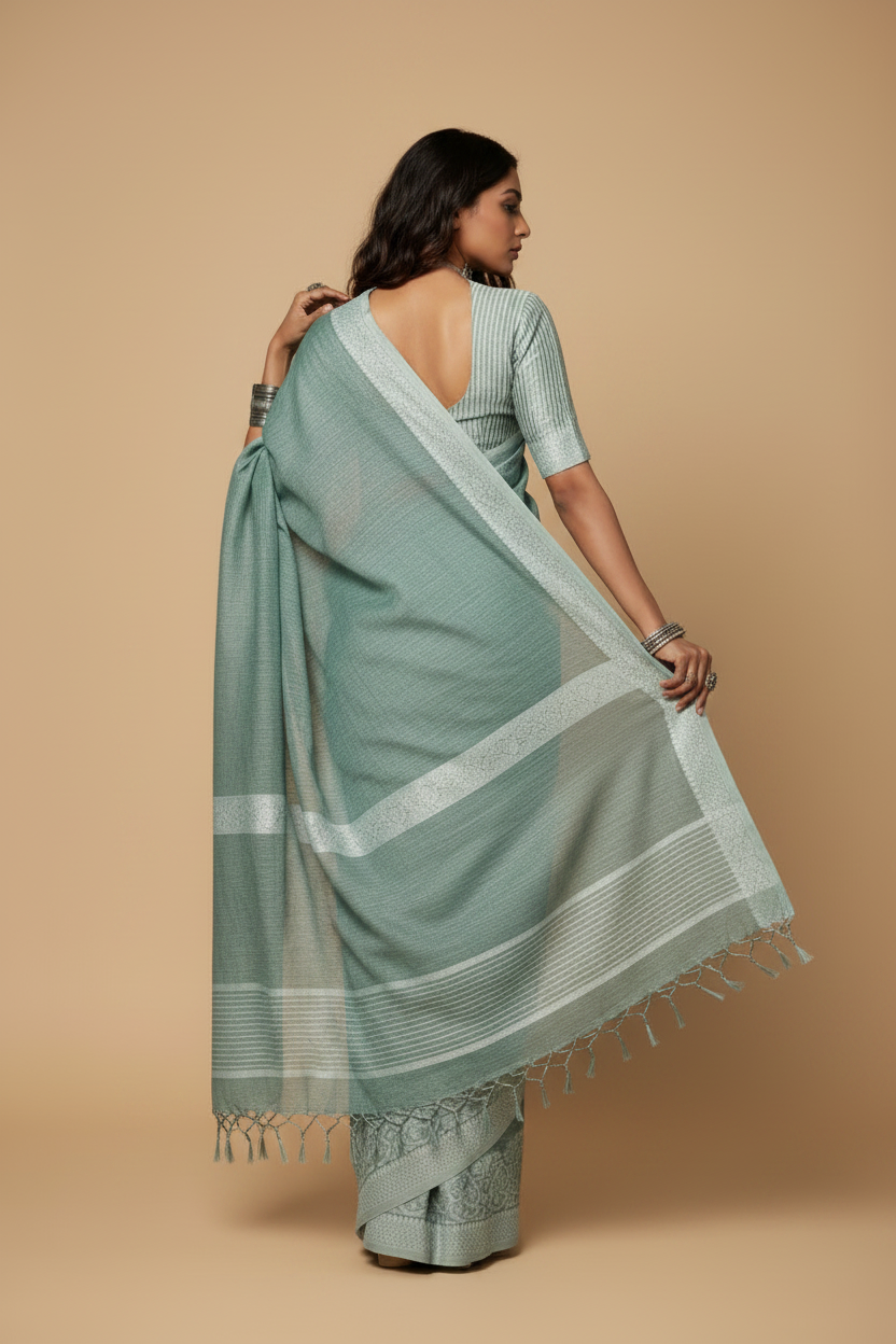 Snuggle Spot Women's Linen Printed Saree With Unstitched Blouse 5.5Mtr (Sea Green)
