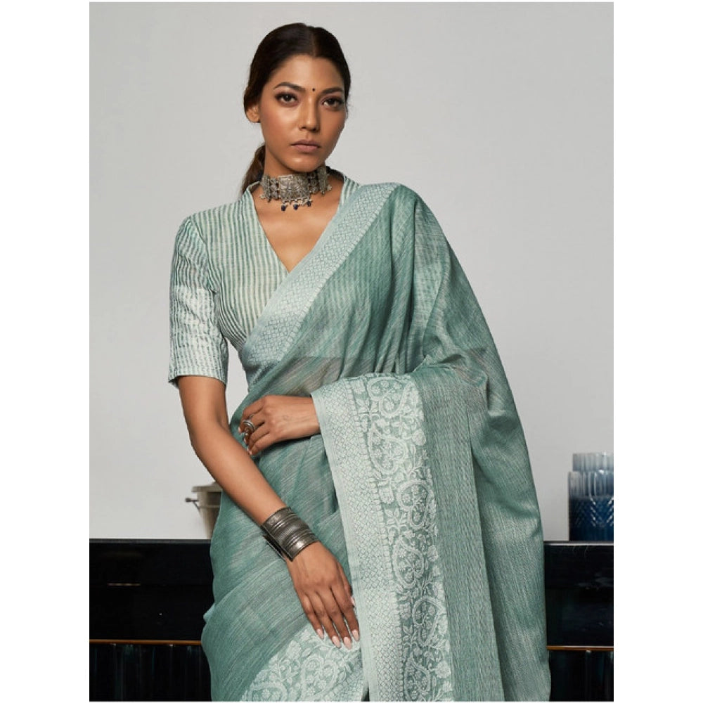 Snuggle Spot Women's Linen Printed Saree With Unstitched Blouse 5.5Mtr (Sea Green)