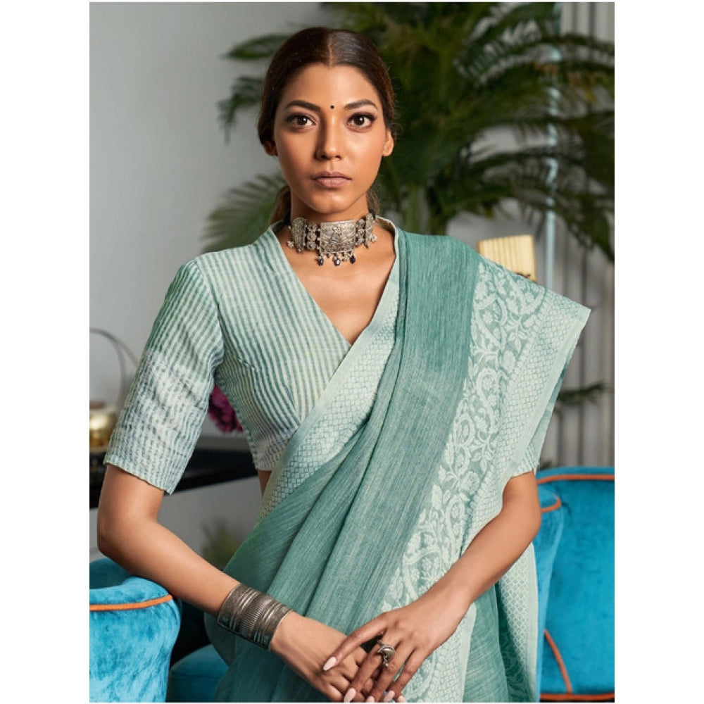 Snuggle Spot Women's Linen Printed Saree With Unstitched Blouse 5.5Mtr (Sea Green)