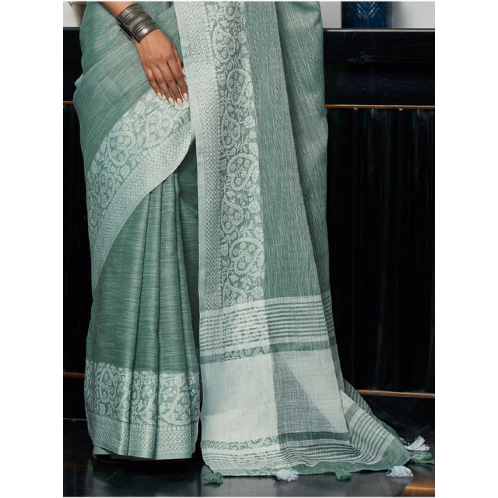Snuggle Spot Women's Linen Printed Saree With Unstitched Blouse 5.5Mtr (Sea Green)