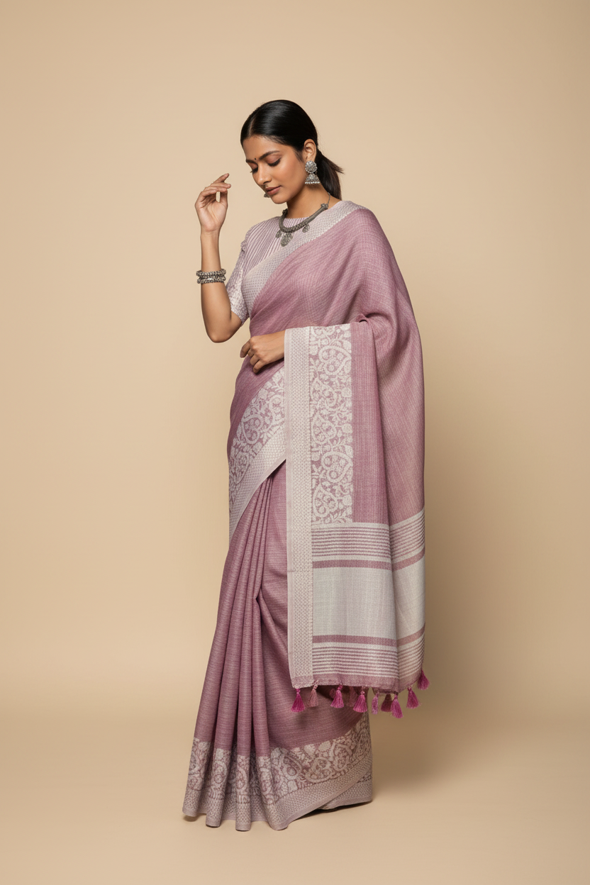 Snuggle Spot Women's Linen Printed Saree With Unstitched Blouse 5.5Mtr (Purple)