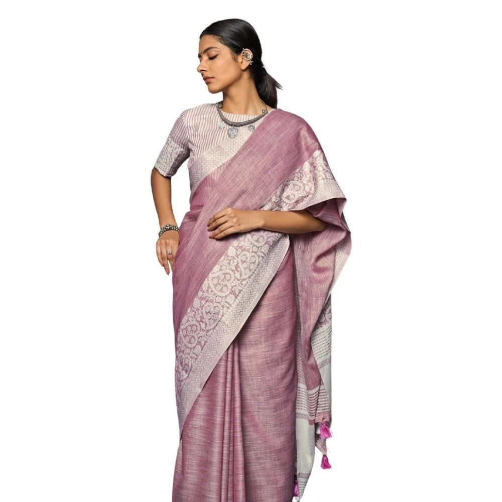 Snuggle Spot Women's Linen Printed Saree With Unstitched Blouse 5.5Mtr (Purple)