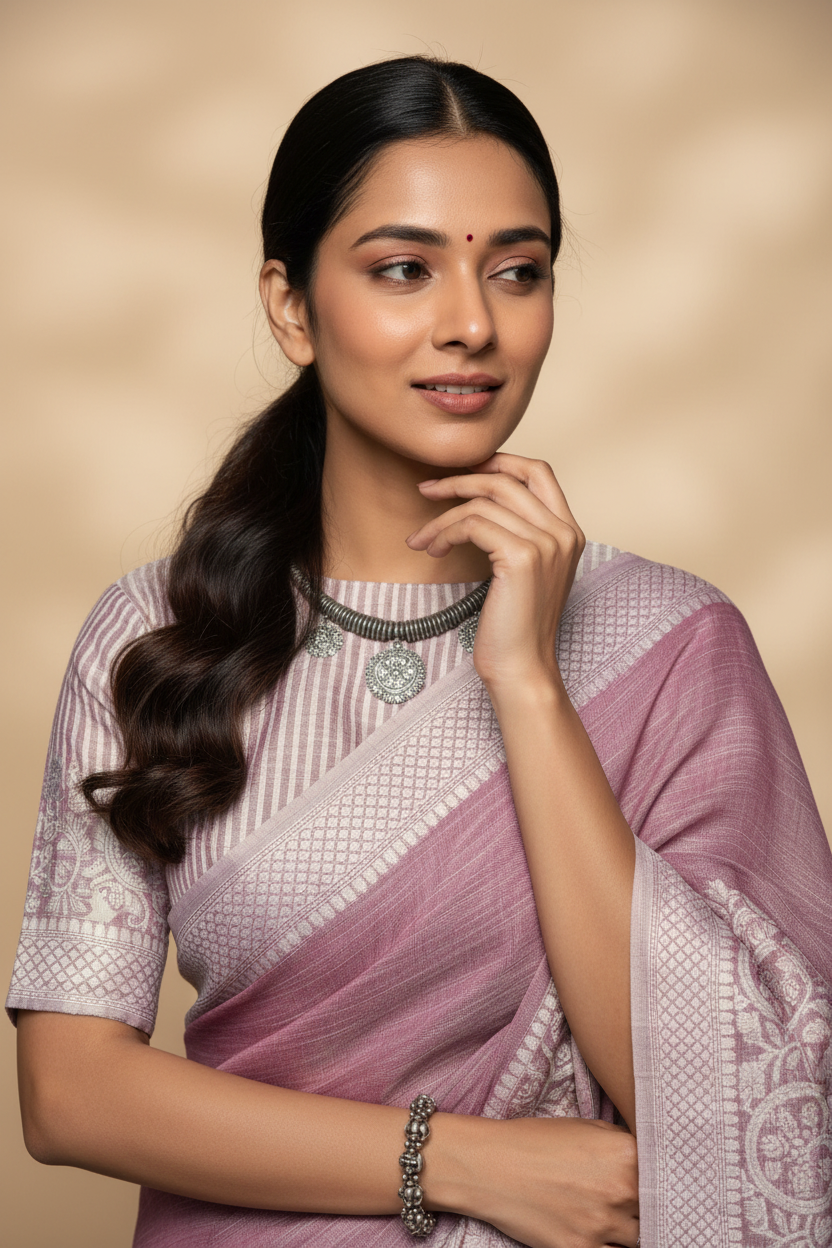 Snuggle Spot Women's Linen Printed Saree With Unstitched Blouse 5.5Mtr (Purple)