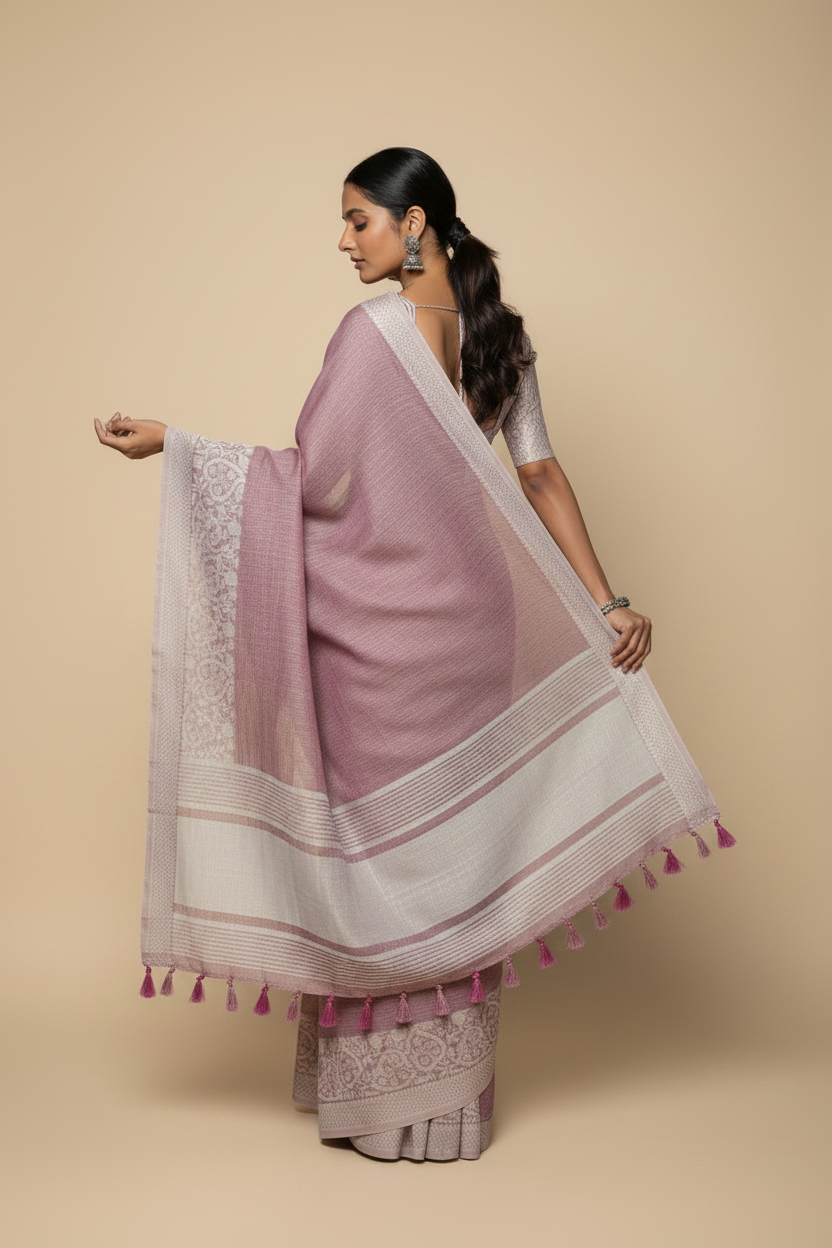 Snuggle Spot Women's Linen Printed Saree With Unstitched Blouse 5.5Mtr (Purple)