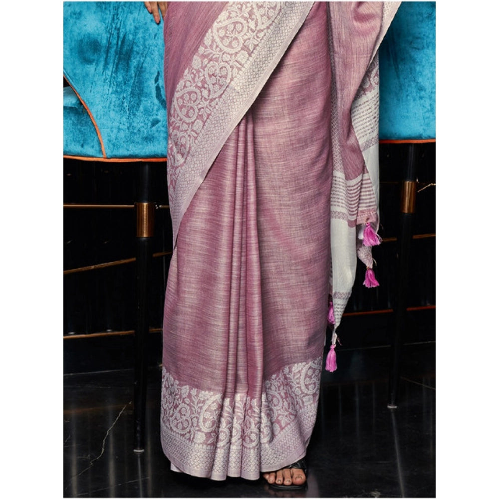 Snuggle Spot Women's Linen Printed Saree With Unstitched Blouse 5.5Mtr (Purple)