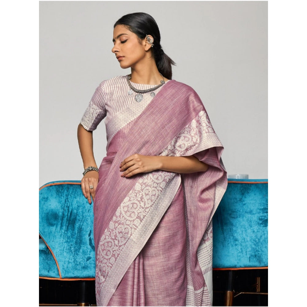 Snuggle Spot Women's Linen Printed Saree With Unstitched Blouse 5.5Mtr (Purple)