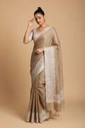 Snuggle Spot Women's Linen Printed Saree With Unstitched Blouse 5.5Mtr (Beige)