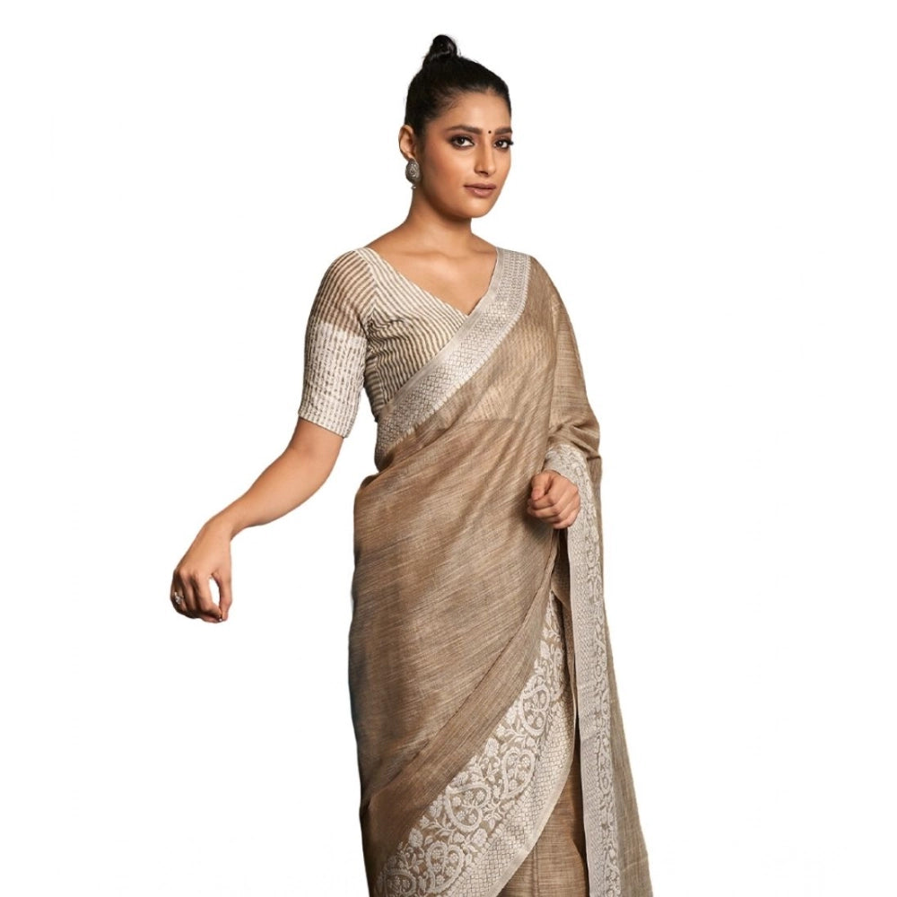 Snuggle Spot Women's Linen Printed Saree With Unstitched Blouse 5.5Mtr (Beige)