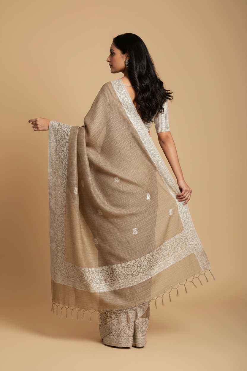 Snuggle Spot Women's Linen Printed Saree With Unstitched Blouse 5.5Mtr (Beige)