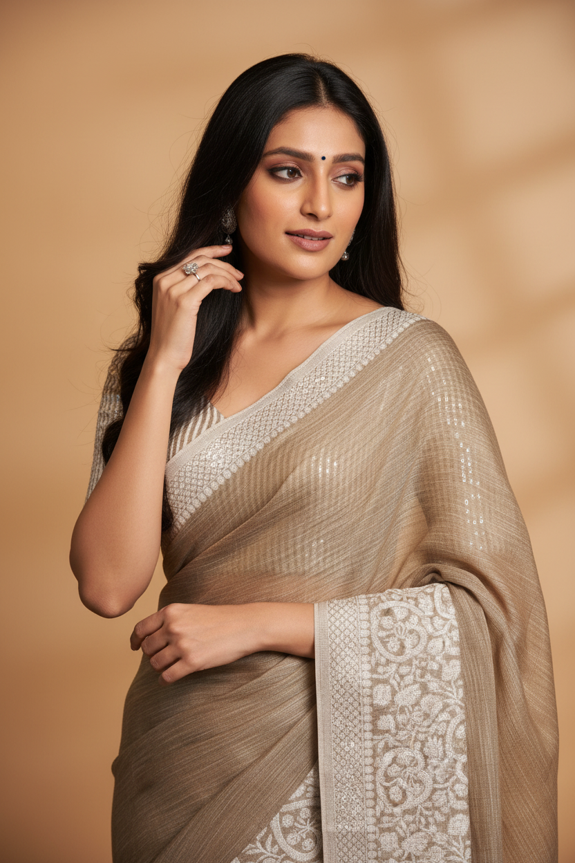 Snuggle Spot Women's Linen Printed Saree With Unstitched Blouse 5.5Mtr (Beige)