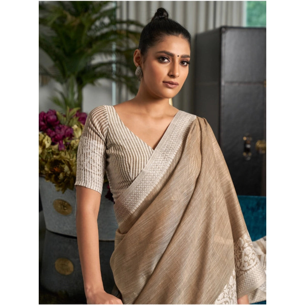 Snuggle Spot Women's Linen Printed Saree With Unstitched Blouse 5.5Mtr (Beige)