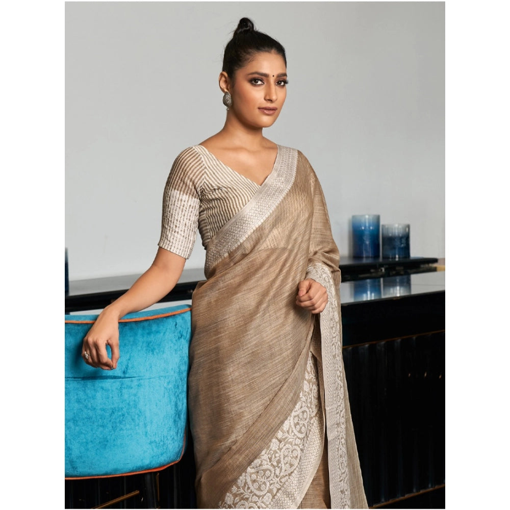 Snuggle Spot Women's Linen Printed Saree With Unstitched Blouse 5.5Mtr (Beige)