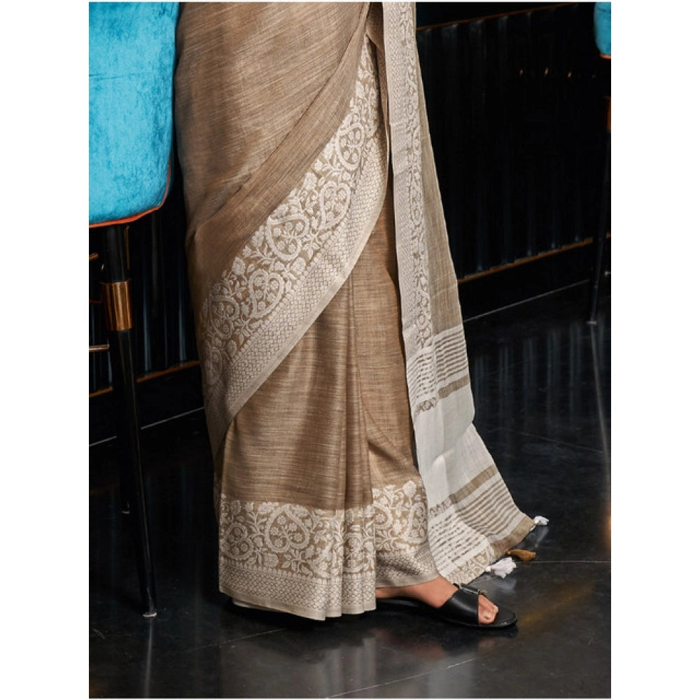 Snuggle Spot Women's Linen Printed Saree With Unstitched Blouse 5.5Mtr (Beige)