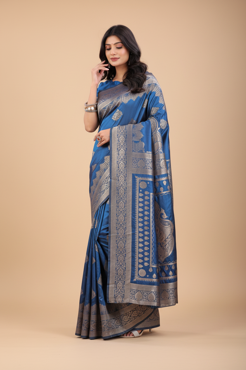 Snuggle Spot Women's Silk Printed Saree With Unstitched Blouse 5.5Mtr (Sky Blue)