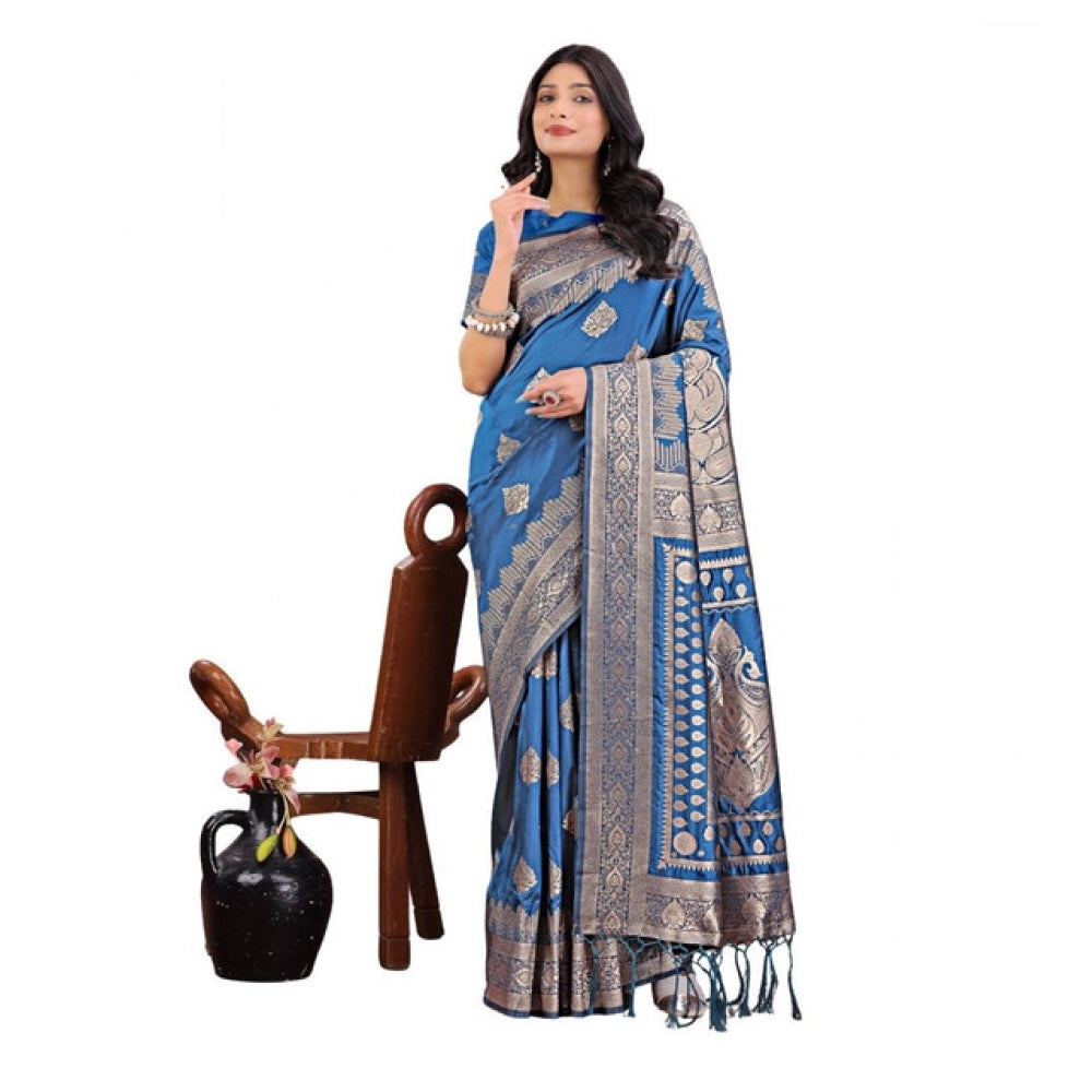 Snuggle Spot Women's Silk Printed Saree With Unstitched Blouse 5.5Mtr (Sky Blue)