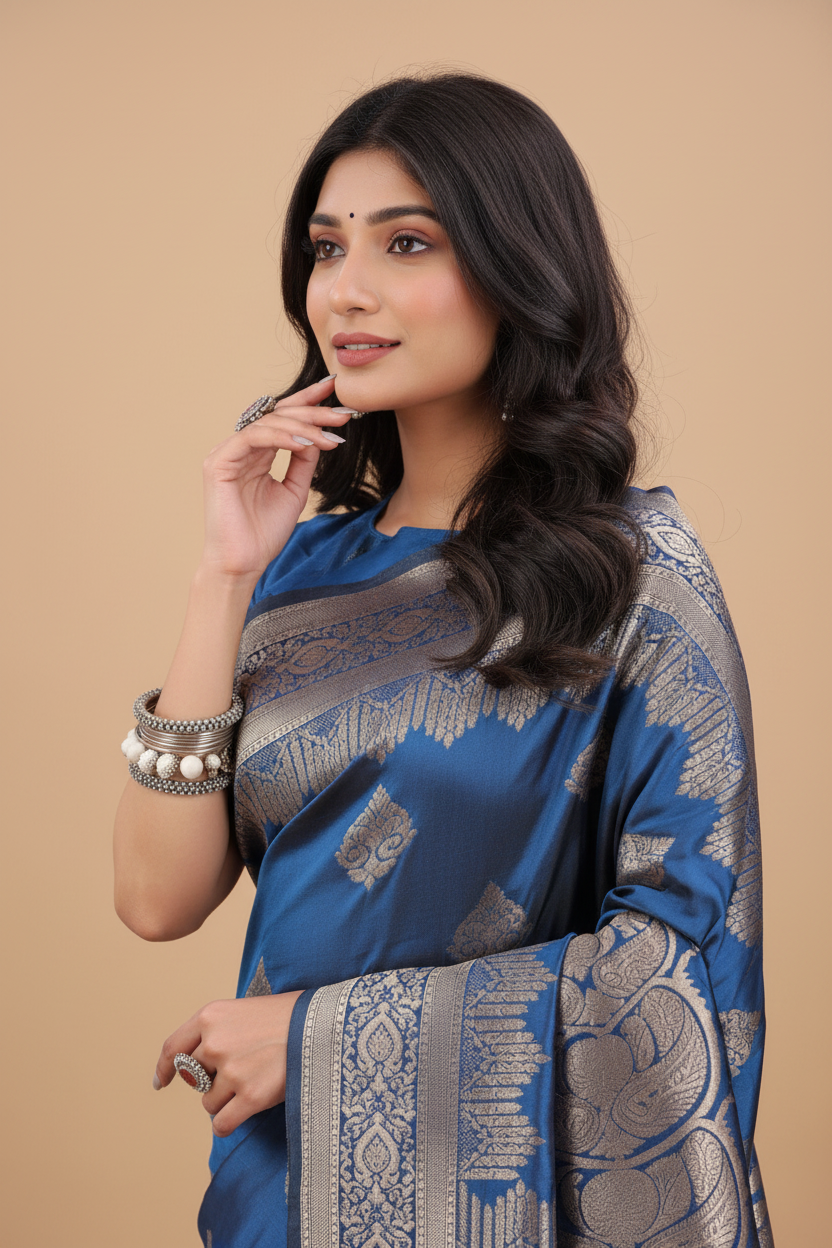 Snuggle Spot Women's Silk Printed Saree With Unstitched Blouse 5.5Mtr (Sky Blue)