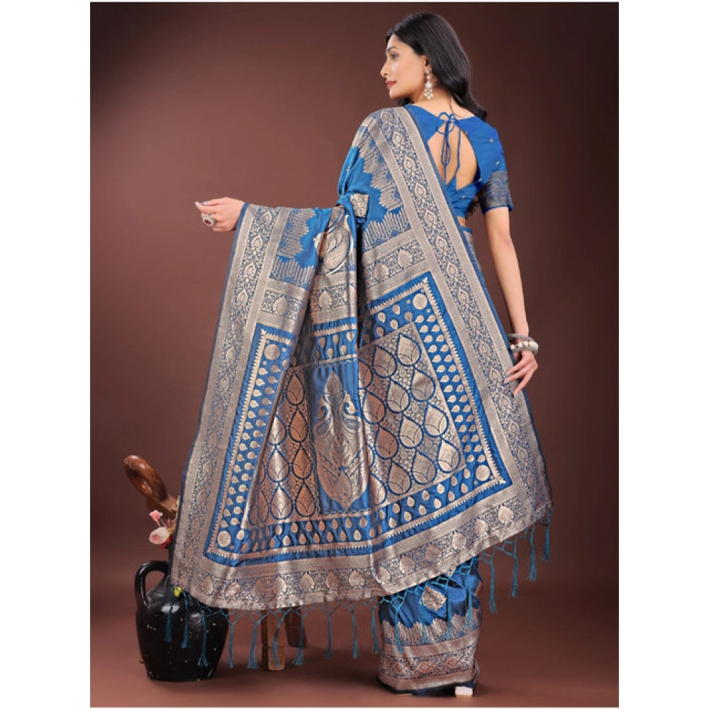 Snuggle Spot Women's Silk Printed Saree With Unstitched Blouse 5.5Mtr (Sky Blue)