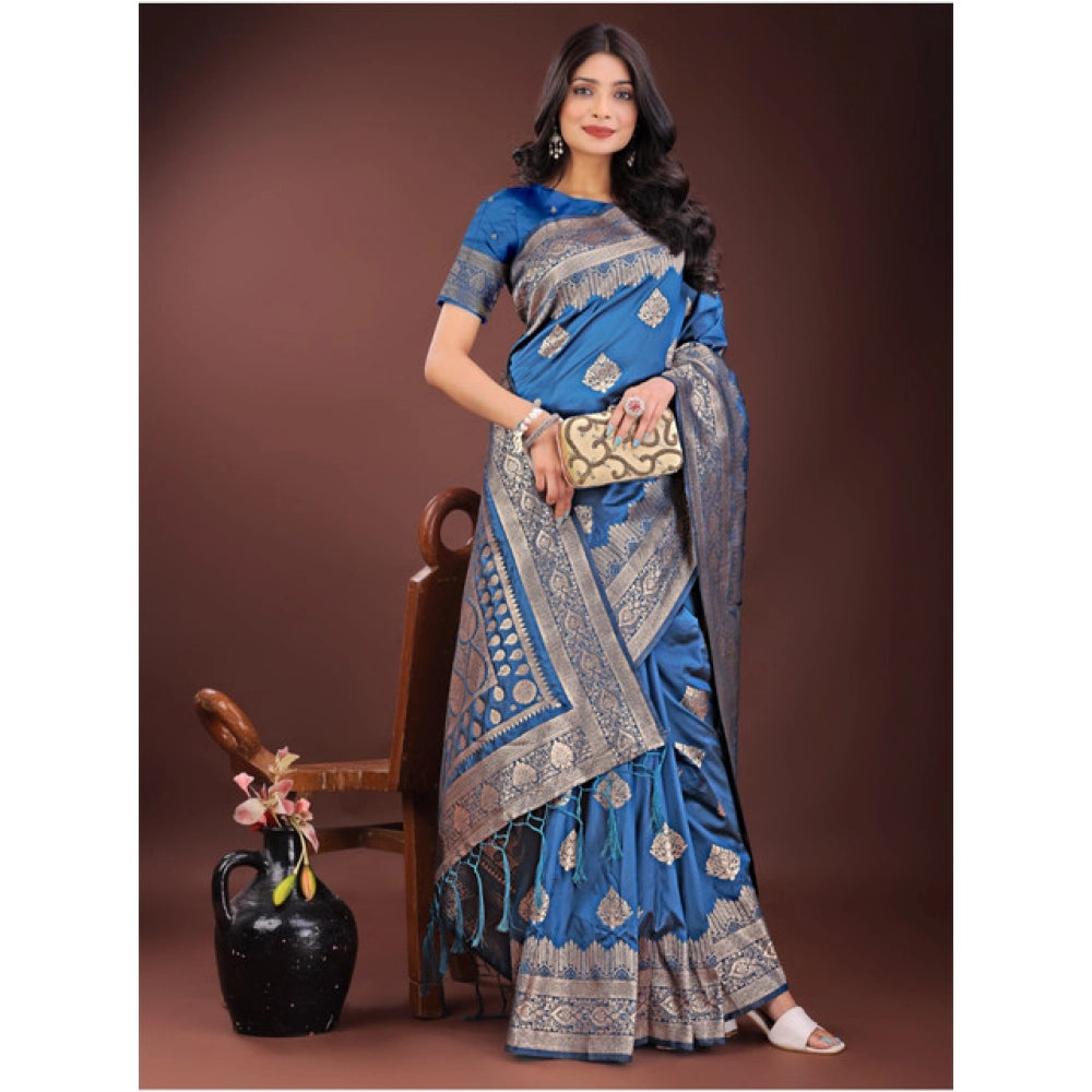 Snuggle Spot Women's Silk Printed Saree With Unstitched Blouse 5.5Mtr (Sky Blue)