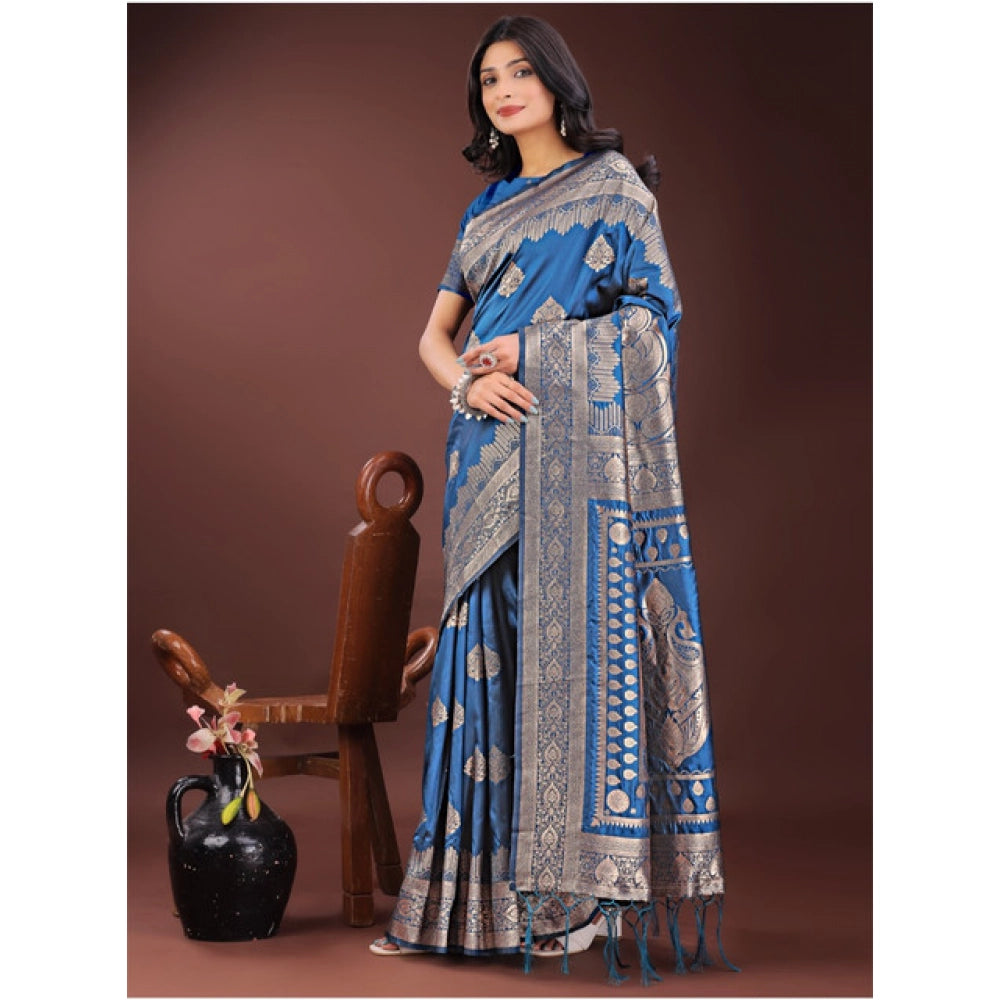 Snuggle Spot Women's Silk Printed Saree With Unstitched Blouse 5.5Mtr (Sky Blue)