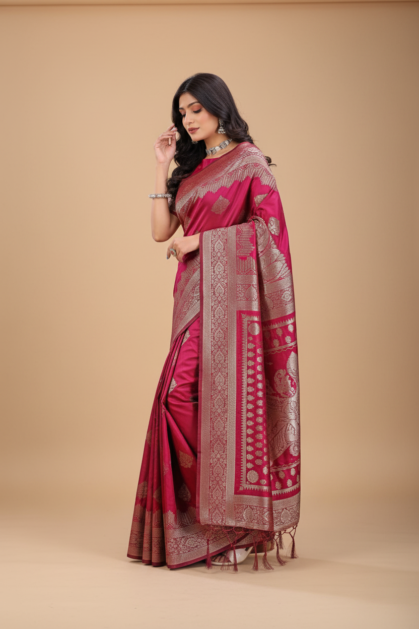 Snuggle Spot Women's Silk Printed Saree With Unstitched Blouse 5.5Mtr (Magenta)