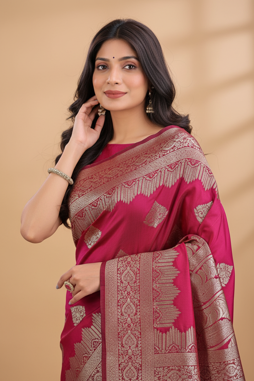 Snuggle Spot Women's Silk Printed Saree With Unstitched Blouse 5.5Mtr (Magenta)