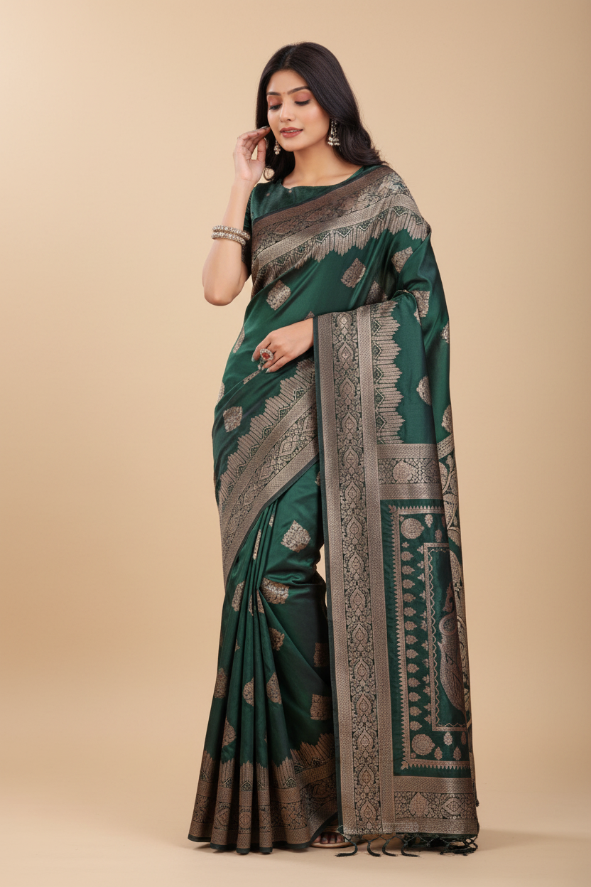Snuggle Spot Women's Silk Printed Saree With Unstitched Blouse 5.5Mtr (Green)