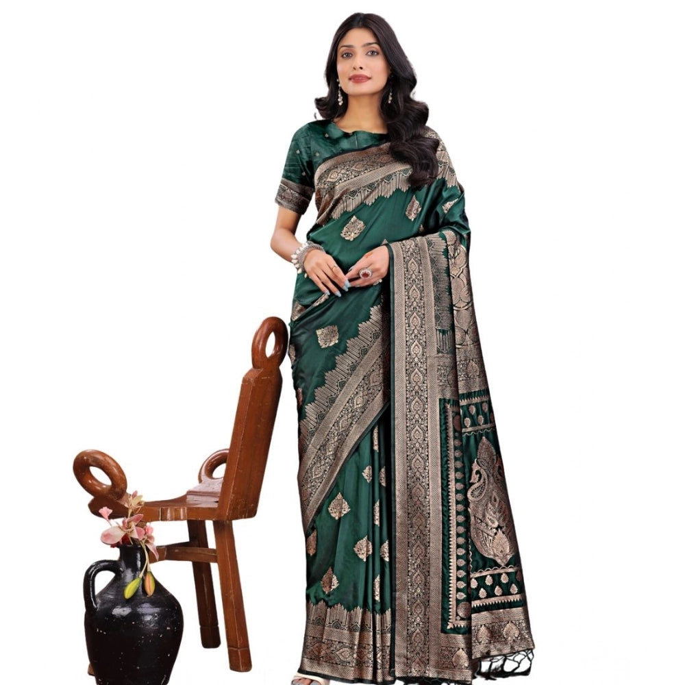 Snuggle Spot Women's Silk Printed Saree With Unstitched Blouse 5.5Mtr (Green)