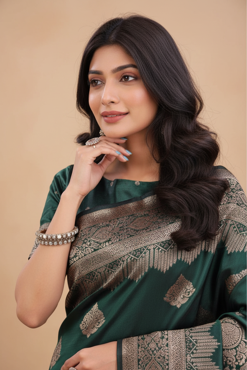 Snuggle Spot Women's Silk Printed Saree With Unstitched Blouse 5.5Mtr (Green)