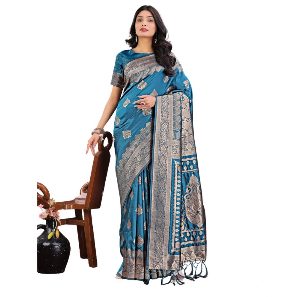 Snuggle Spot Women's Silk Printed Saree With Unstitched Blouse 5.5Mtr (Teal)