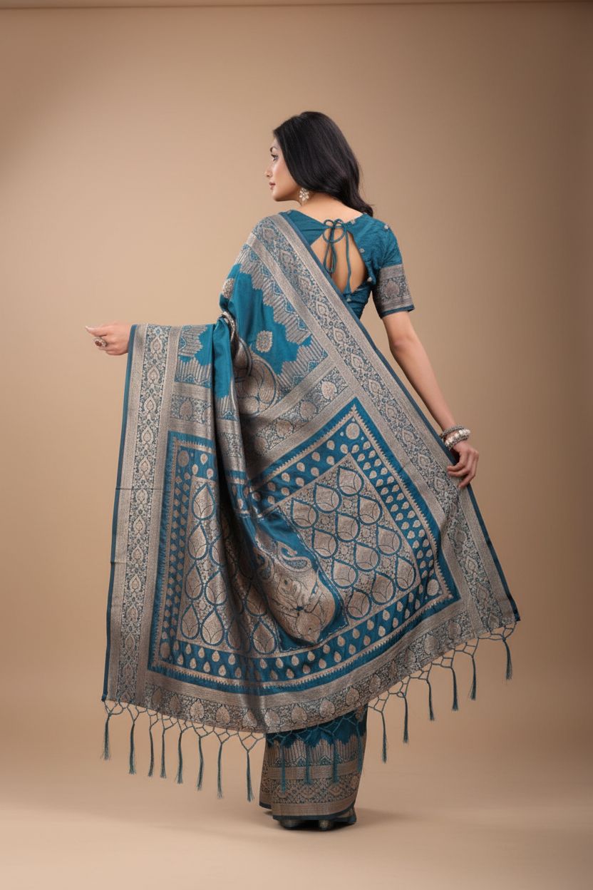 Snuggle Spot Women's Silk Printed Saree With Unstitched Blouse 5.5Mtr (Teal)