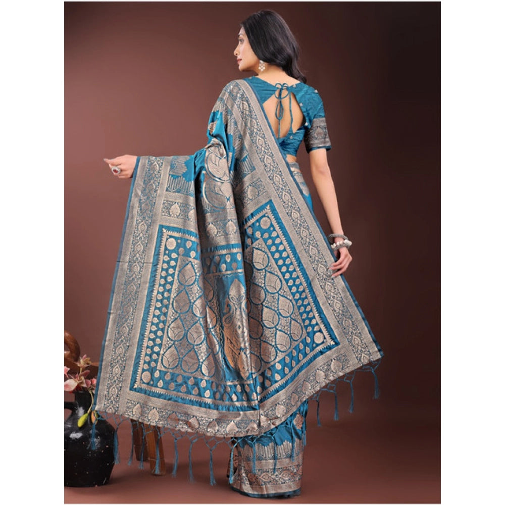 Snuggle Spot Women's Silk Printed Saree With Unstitched Blouse 5.5Mtr (Teal)