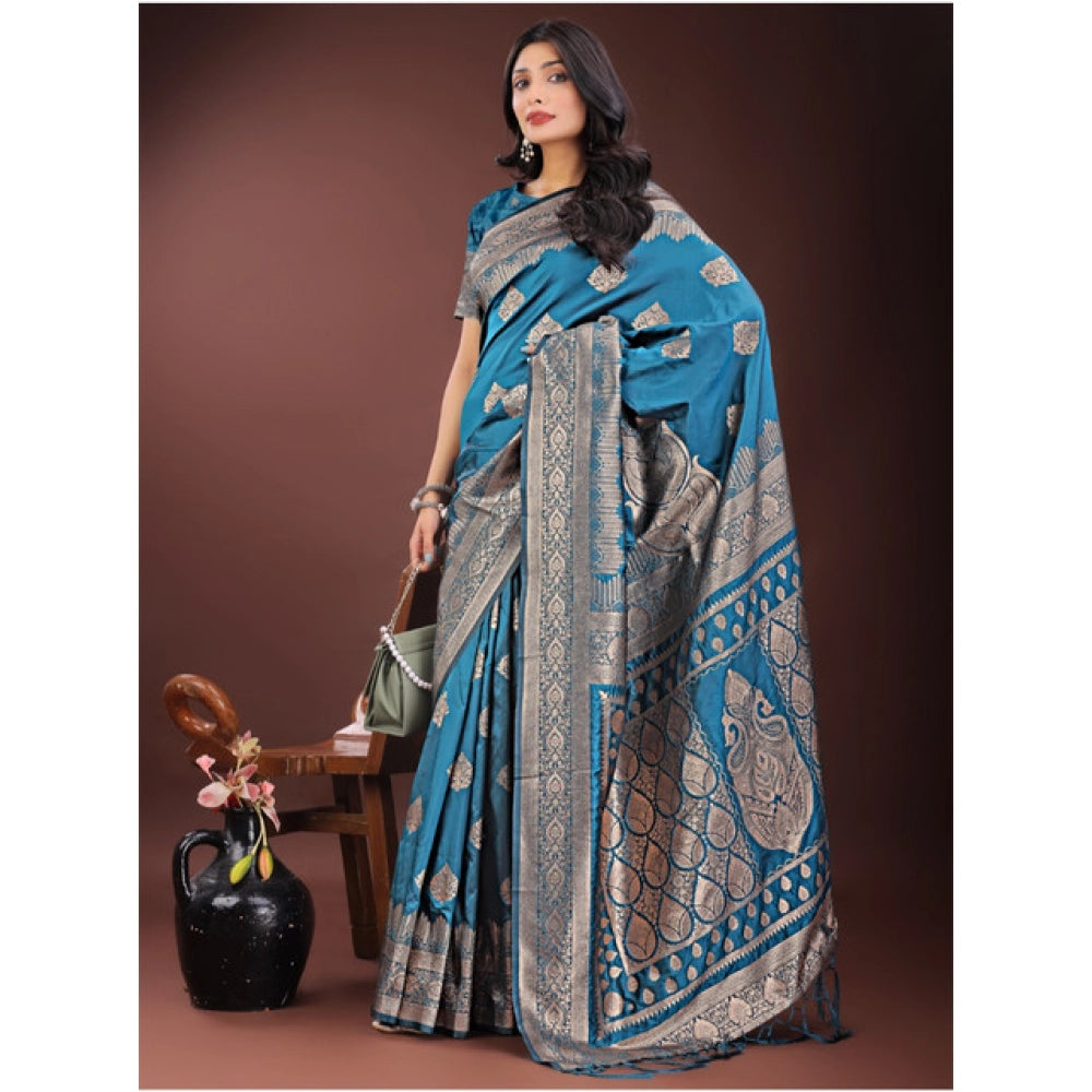 Snuggle Spot Women's Silk Printed Saree With Unstitched Blouse 5.5Mtr (Teal)