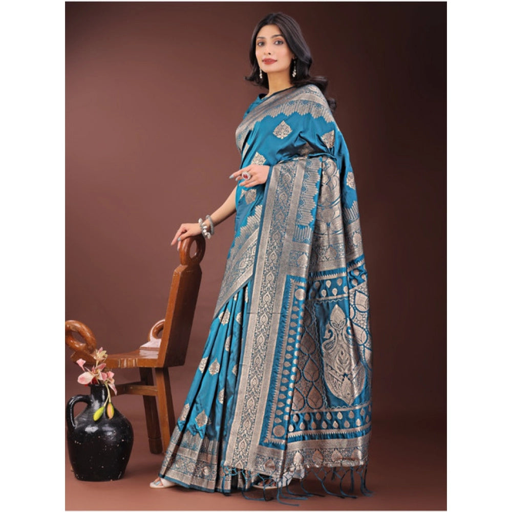 Snuggle Spot Women's Silk Printed Saree With Unstitched Blouse 5.5Mtr (Teal)