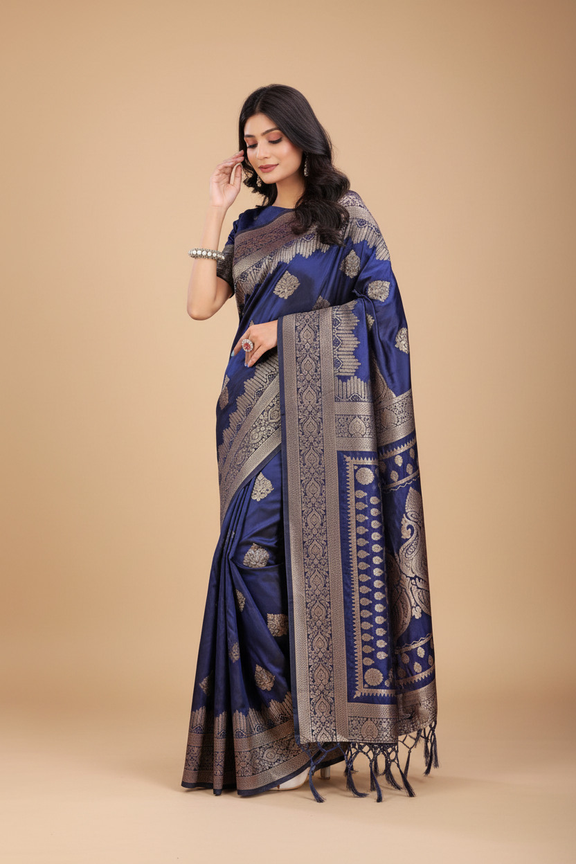 Snuggle Spot Women's Silk Printed Saree With Unstitched Blouse 5.5Mtr (Navy Blue)