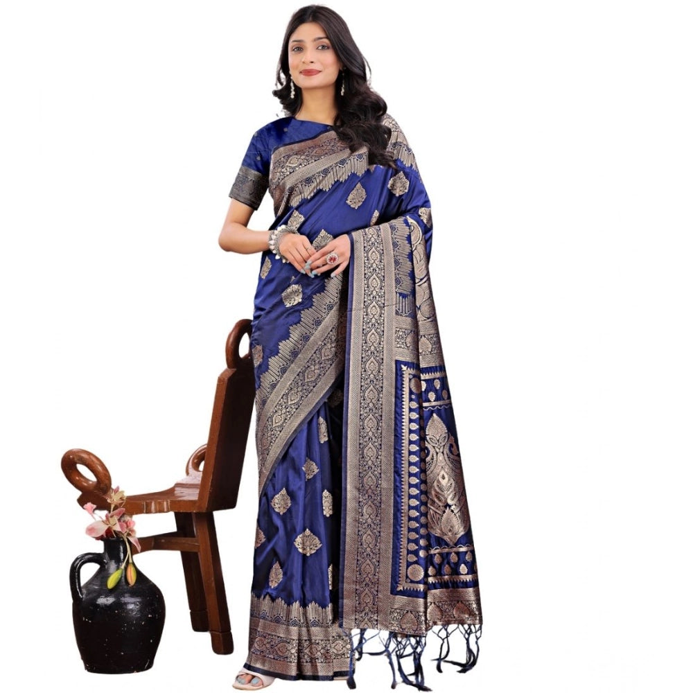 Snuggle Spot Women's Silk Printed Saree With Unstitched Blouse 5.5Mtr (Navy Blue)