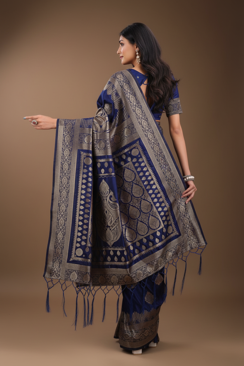 Snuggle Spot Women's Silk Printed Saree With Unstitched Blouse 5.5Mtr (Navy Blue)