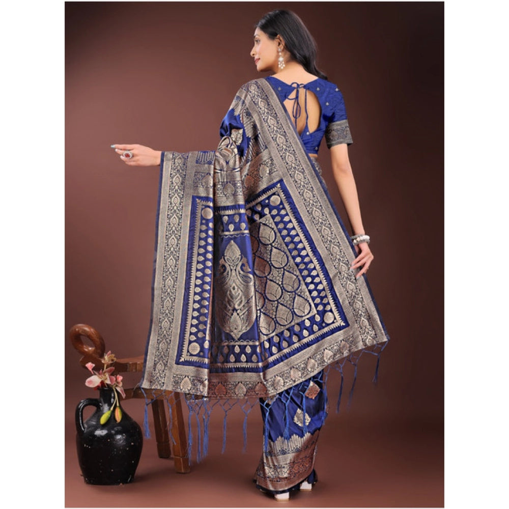 Snuggle Spot Women's Silk Printed Saree With Unstitched Blouse 5.5Mtr (Navy Blue)