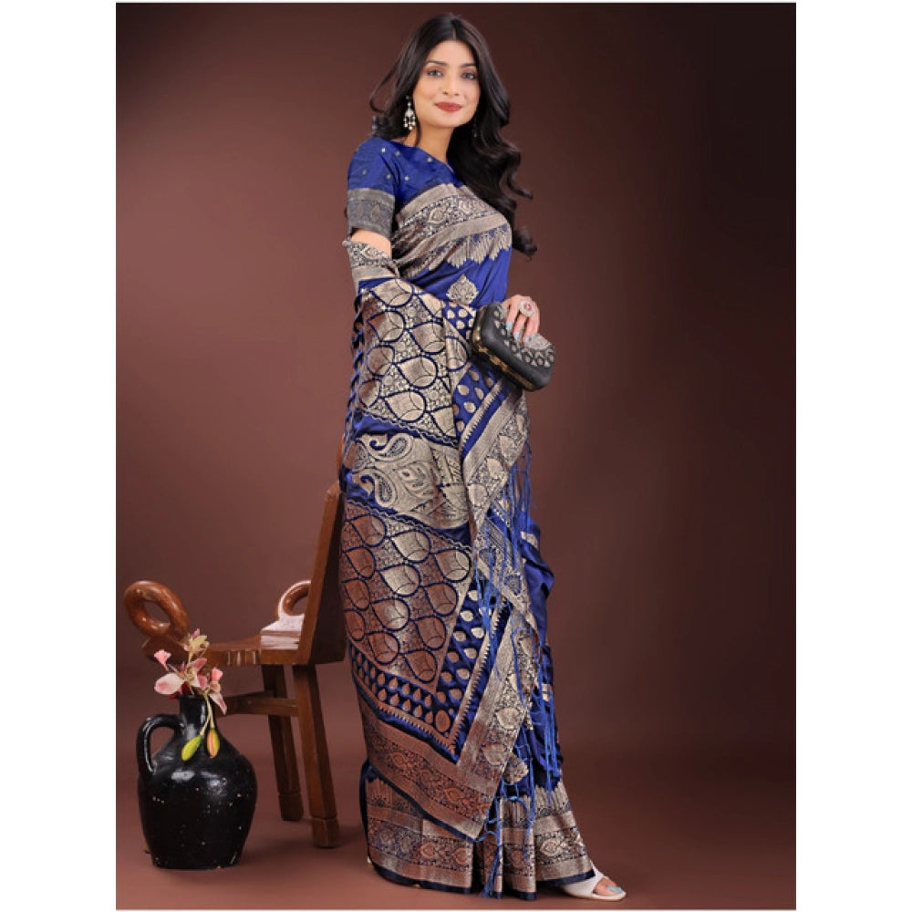 Snuggle Spot Women's Silk Printed Saree With Unstitched Blouse 5.5Mtr (Navy Blue)