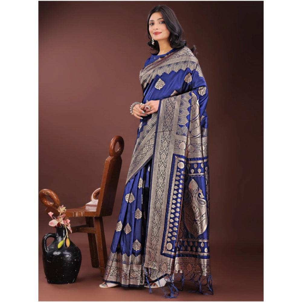Snuggle Spot Women's Silk Printed Saree With Unstitched Blouse 5.5Mtr (Navy Blue)