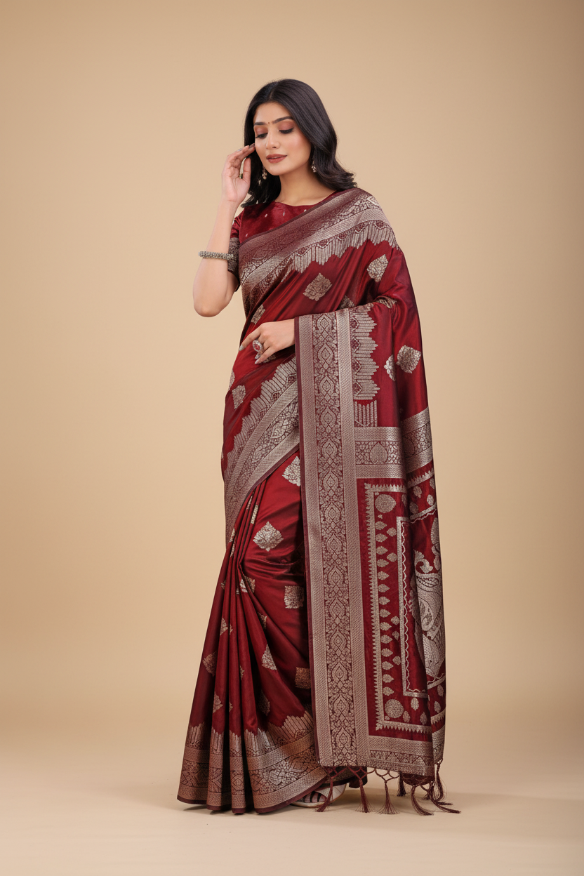 Snuggle Spot Women's Silk Printed Saree With Unstitched Blouse 5.5Mtr (Maroon)